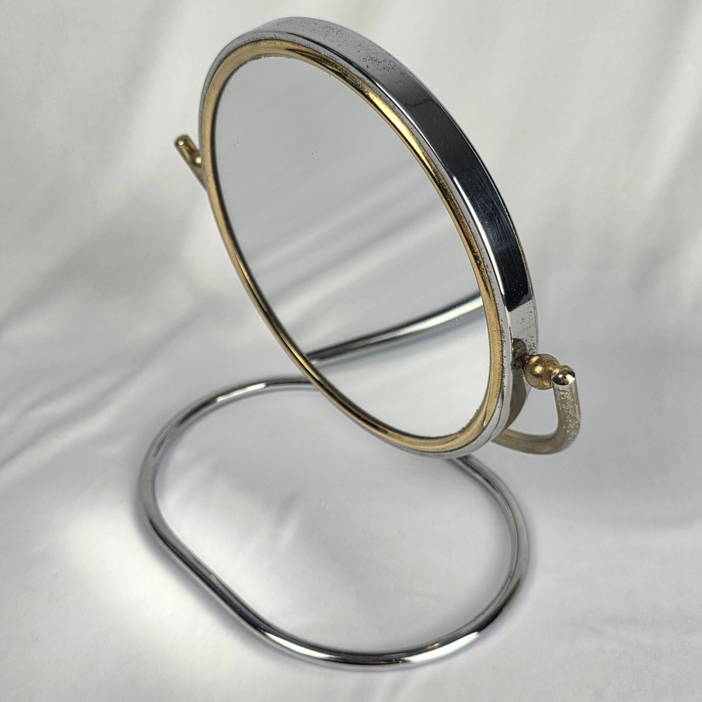 Vintage 5" Double Sided Folding Magnifying Travel Vanity Mirror MCM Chrome Brass - Picture 3 of 13